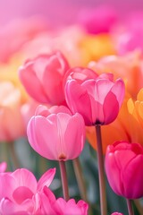 Delicate pink tulips captured close-up, showcasing their beauty amidst a vibrant array of colors.