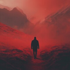 Silhouette of a person walking in a vivid red landscape with misty mountains in the background.