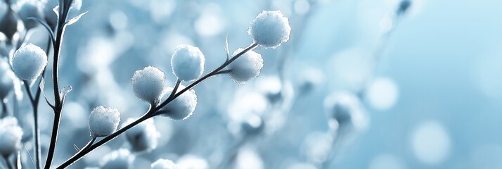 White buds covered in frost cling to slender branches, creating an icy wintery scene.