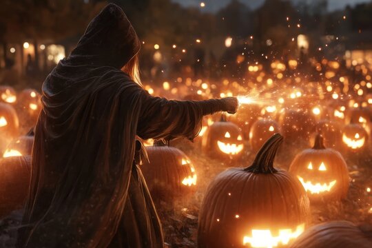 A hooded figure creates a spellbinding scene, casting enchantments in a field of glowing pumpkins, highlighting intrigue and magic in the twilight setting.