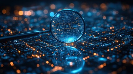 Blue digital background with a magnifying glass on a blue network and technology concept, data connection for business 