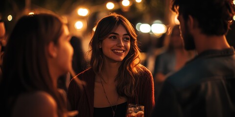 A woman smiles at a man in a crowd.