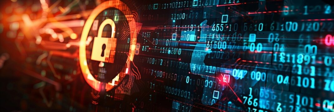 Glowing padlock icon amidst digital data streams, symbolizing cybersecurity in the modern digital landscape. Vibrant orange and blue hues create a striking contrast. - Powered by Adobe