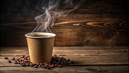 A steaming cup of coffee on a wooden table, surrounded by roasted beans, a warm and inviting setting for a caffeine fix.