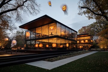 A striking building with floor-to-ceiling windows is adorned with glowing pumpkin lights and floating ghost decorations, creating a spooky Halloween ambience at dusk.