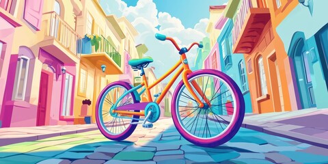Fototapeta premium Colorful bike parked in a cobblestone alley.