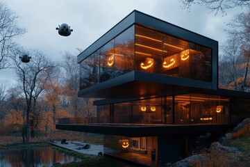 Fototapeta premium A striking contemporary house showcases Halloween spirit with glowing pumpkins and floating ghost decorations set amidst a serene, tree-filled landscape near a pond.