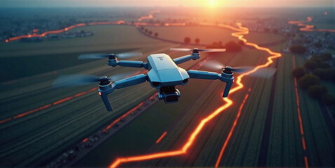 Illustrative representation of a given route and survey lines and approach points of an unmanned drone, monitoring, reconnaissance of the condition of agricultural land and nature