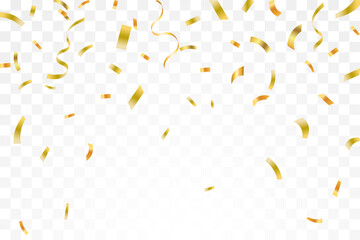 Falling shiny golden confetti isolated on transparent background. Bright festive tinsel of gold color. Anniversary or birthday design template.