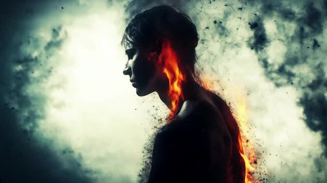 Silhouette of a person with flames consuming their body, symbolizing emotional burnout and inner turmoil