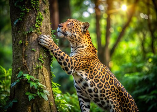 This stunning long exposure beautifully portrays a Javan leopard scratching a tree, embodying the grace and movement of endangered wildlife in its natural surroundings.