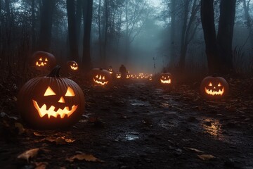 A mysterious forest path adorned with eerily smiling pumpkins under a veil of mist, evoking a sense of wonder and a hint of fear in the quiet of night.