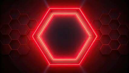 Abstract hexagon background with red glowing neon light, asymmetrical design