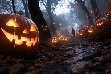 A shadowy forest trail is lined with rows of radiant jack-o'-lanterns, casting an eerie glow and capturing the essence of a spooky Halloween night.