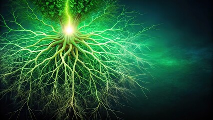 Fototapeta premium Abstract glowing green plant root texture with aerial perspective