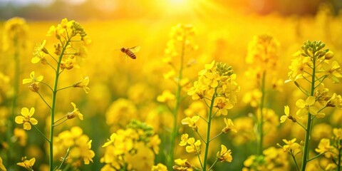 Obraz premium A lone bee flies through a field of blooming yellow flowers in the golden light of the setting sun.