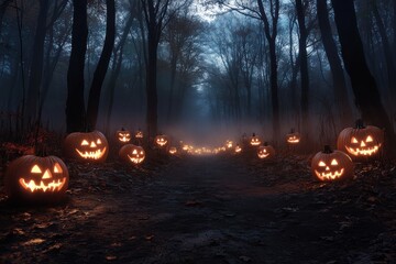 A fog-covered path weaves through the twilight forest, where rows of glowing jack-o'-lanterns create a mysterious and captivating Halloween ambiance.