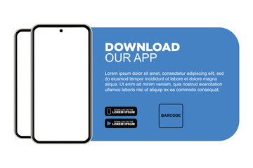 Download our app advertising banner. App for mobile phones. Phone mockup template