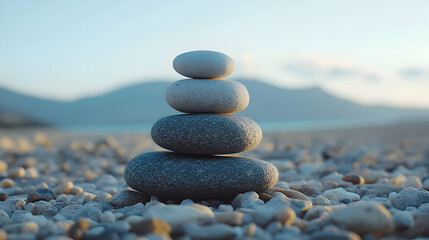 Minimalist Stack of Three Balanced Stones on Natural Surface, Symbolizing Harmony and Tranquility