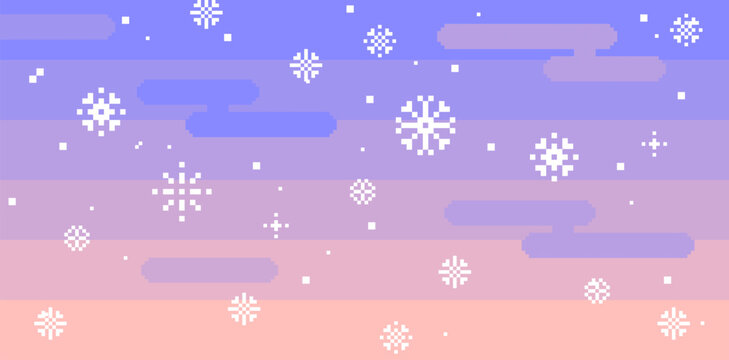 8 bit style winter landscape. Abstract winter sky background in pixel art. Snowflake. Christmas, Xmas, New Year trendy pixel design. Falling snow. Vector light violet, pink gradient horizontal pattern