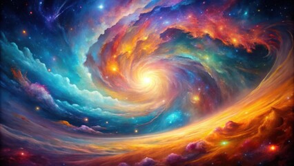 Obraz premium Cosmic Dance of Color and Light A swirling nebula with vibrant hues, glowing stars, and ethereal clouds create a breathtaking cosmic spectacle.