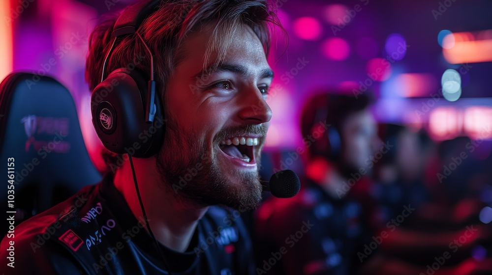 Poster a gamer beams with joy while participating in an intense esports tournament. the event is filled wit
