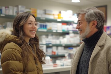 Fototapeta premium Female patient talking to a pharmacist over the counter, Generative AI