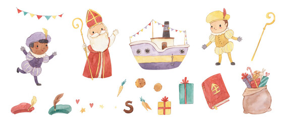 Watercolor Sinterklaas, helpers, steamboat, illustration for kids