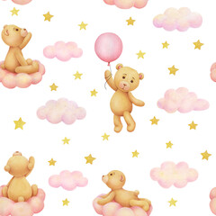 Cute cartoon teddy bears with air balloon, clouds, rainbow; watercolor hand drawn illustration; seamless pattern