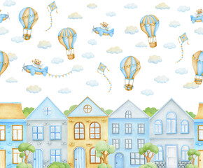 Watercolor teddy bear pilot, bear on plane, teddy bear flying. Watercolor houses and hot air balloons. seamless border