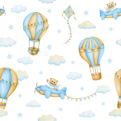 Cute cartoon teddy bears with air balloon, clouds; watercolor hand drawn illustration; seamless pattern
