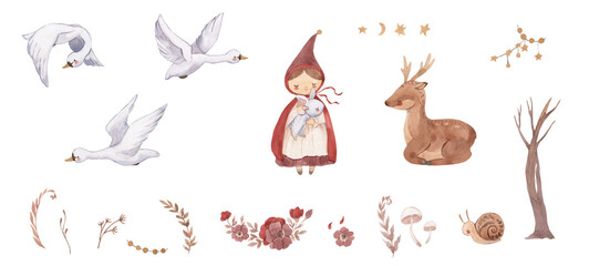 Watercolor bird, girl, deer, tree, snail illustration for kids