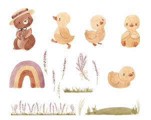 Watercolor bear, duck, lavender, rainbow illustration for kids