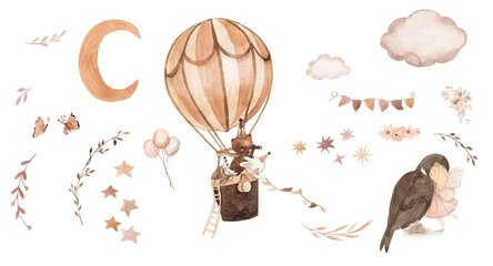 Watercolor hot air balloon illustration for kids © Olga Listopad