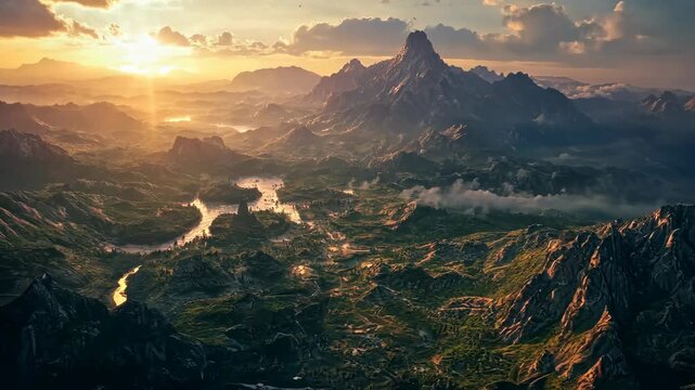 A beautiful sunset illuminates the vast landscape, with a winding river snaking through rolling hills and majestic mountains