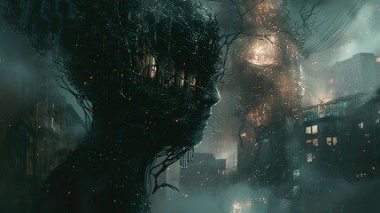 Surreal Cityscape: Dreamlike Silhouette in a Dark Urban Landscape