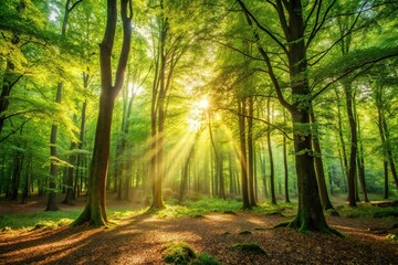 Fototapeta premium A tranquil forest with sunlit dappled light filtering through the leaves, peaceful, shaded, woodland