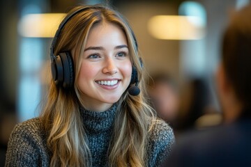 Happy female podcaster presenting a guest on her show, Generative AI