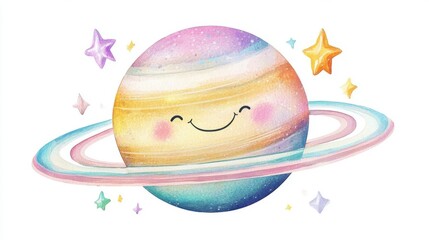 A cheerful cartoon planet with a smile, surrounded by colorful stars, perfect for children's illustrations and joyful designs.