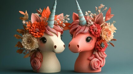 Fototapeta premium Whimsical unicorn figurines with floral arrangements.
