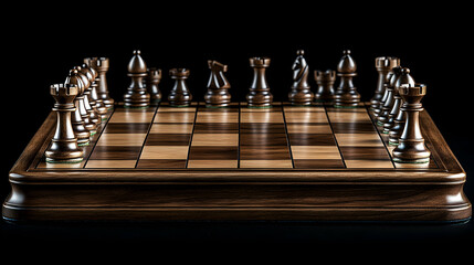 Polished Wooden Chessboard with Neatly Arranged Pieces in a Classic Setting