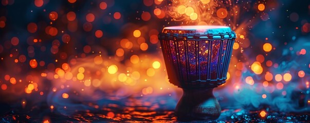 A vibrant drum amidst colorful sparks and mist, creating a dynamic atmosphere of rhythm and energy.