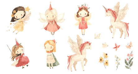 Watercolor girl, fairy, unicorn, flowers illustration for kids © Olga Listopad