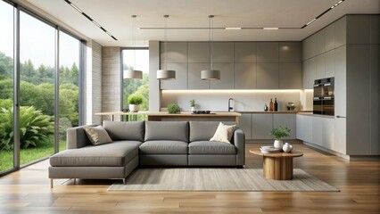Fototapeta premium Modern Minimalist Living Room Design Featuring a Sectional Sofa, Wooden Coffee Table, and Contemporary Lighting