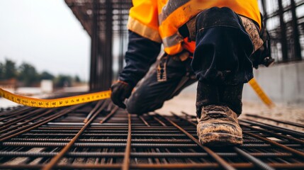 A construction worker inspecting steel reinforcement bars at a construction site, with measuring tape and safety gear visible, looking at the camera