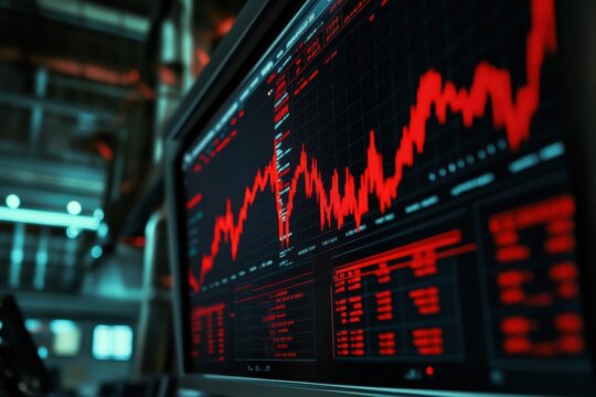Close-up of a large monitor displaying a fluctuating red stock market graph