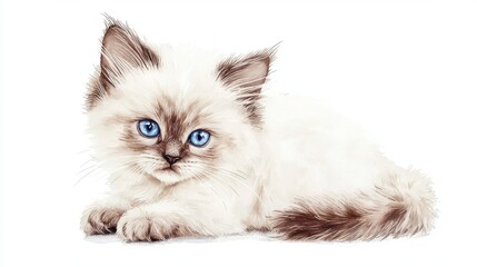 A cute white kitten with striking blue eyes, playfully lounging on a clean white background, perfect for pet lovers and advertisements.