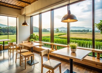 Obraz premium Minimalist Cafe Interiors Overlooking Lush Rice Fields - Tranquil and Contemporary Ambiance