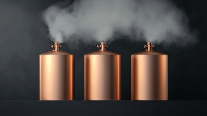 Three copper containers emitting steam, isolated on a dark background.