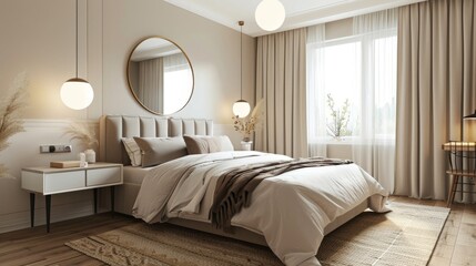 Fototapeta premium A cozy urban haven Scandinavian bedroom with a double bed, a minimalist headboard